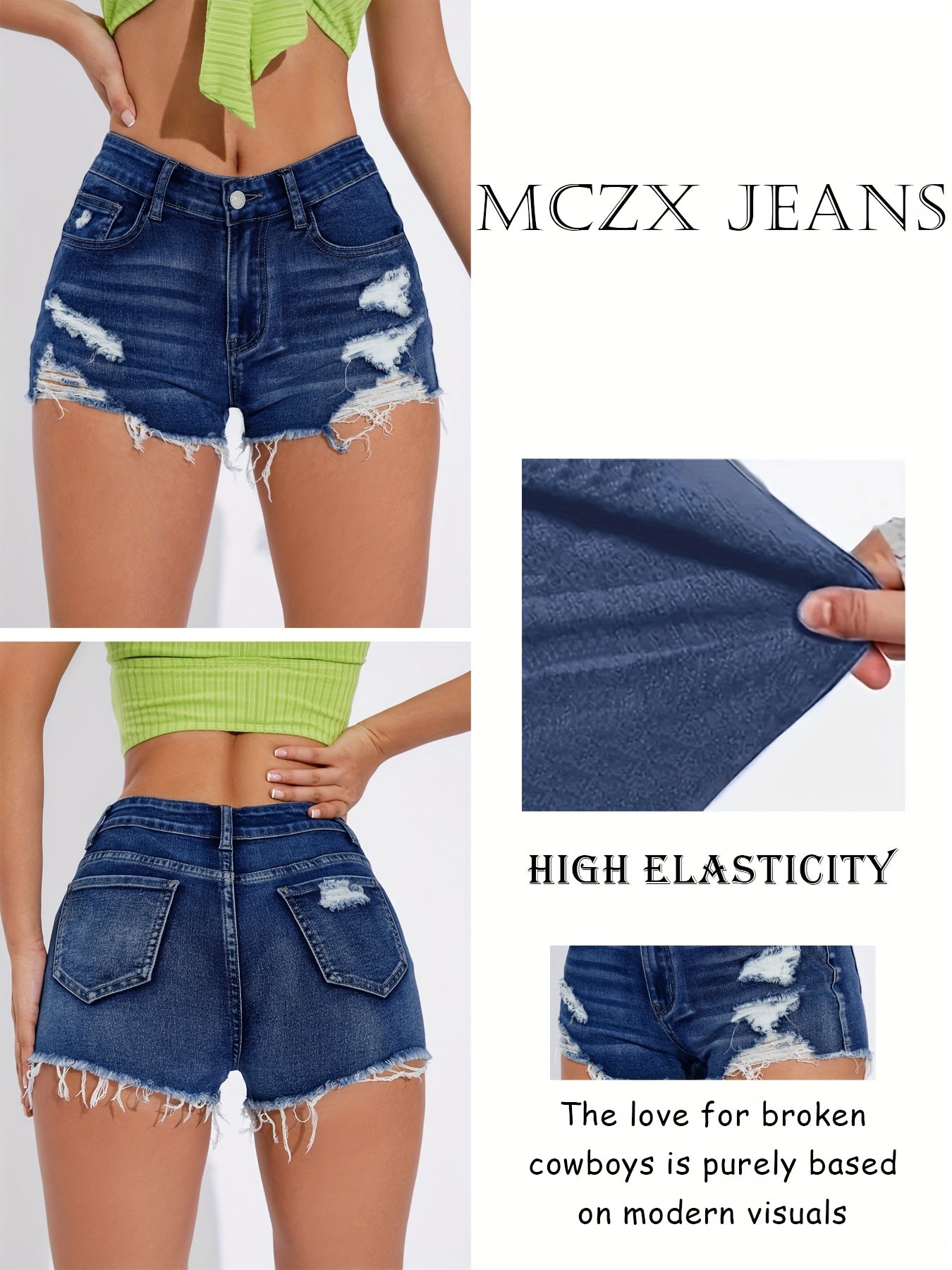 Shorts de mezclilla de talla grande para mujer de tiro alto con roturas y dobladillo deshilachado