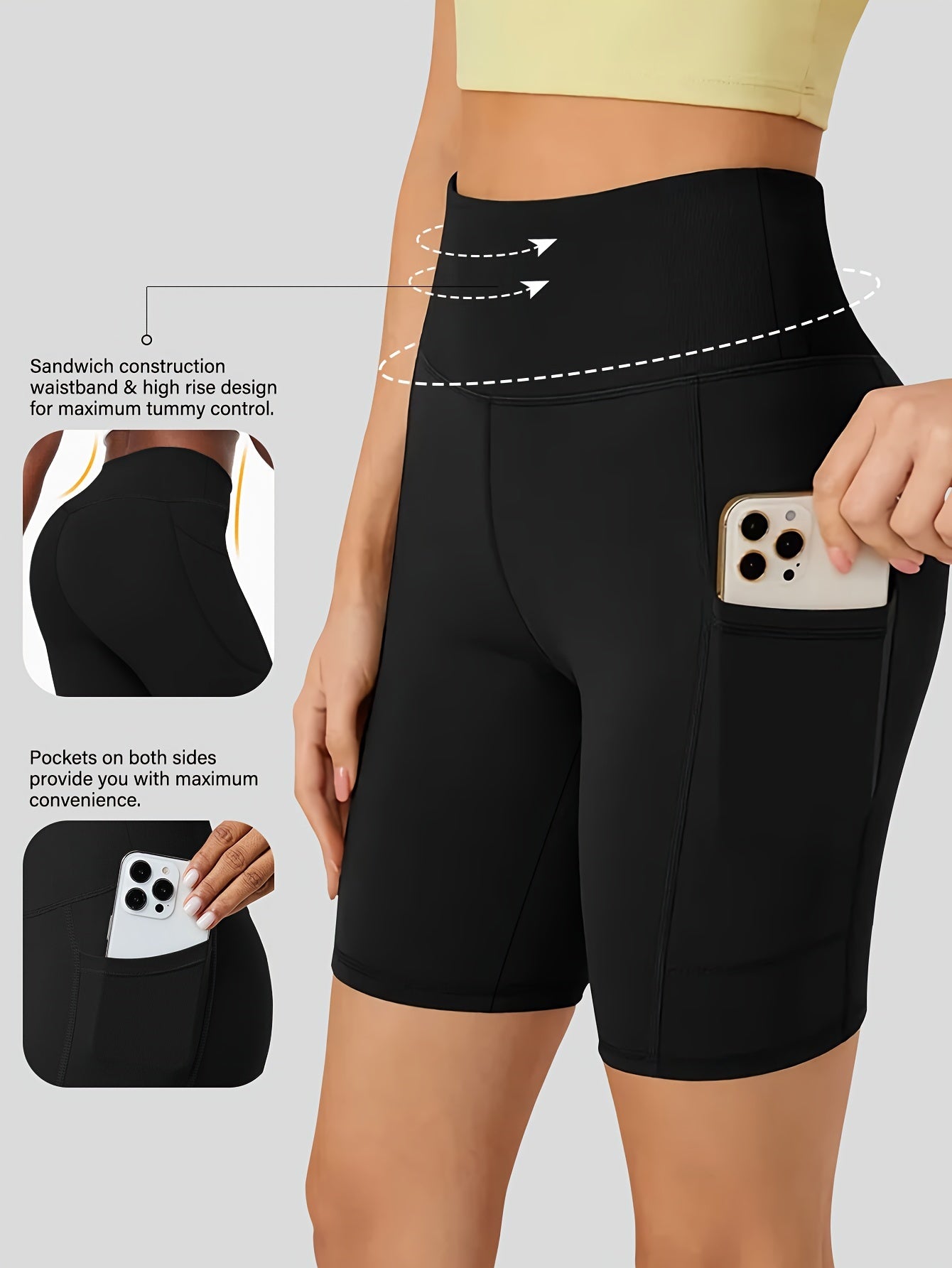 Women's High-Waist Cycling Shorts with Side Pockets Breathable Stretch Fitness Outdoor