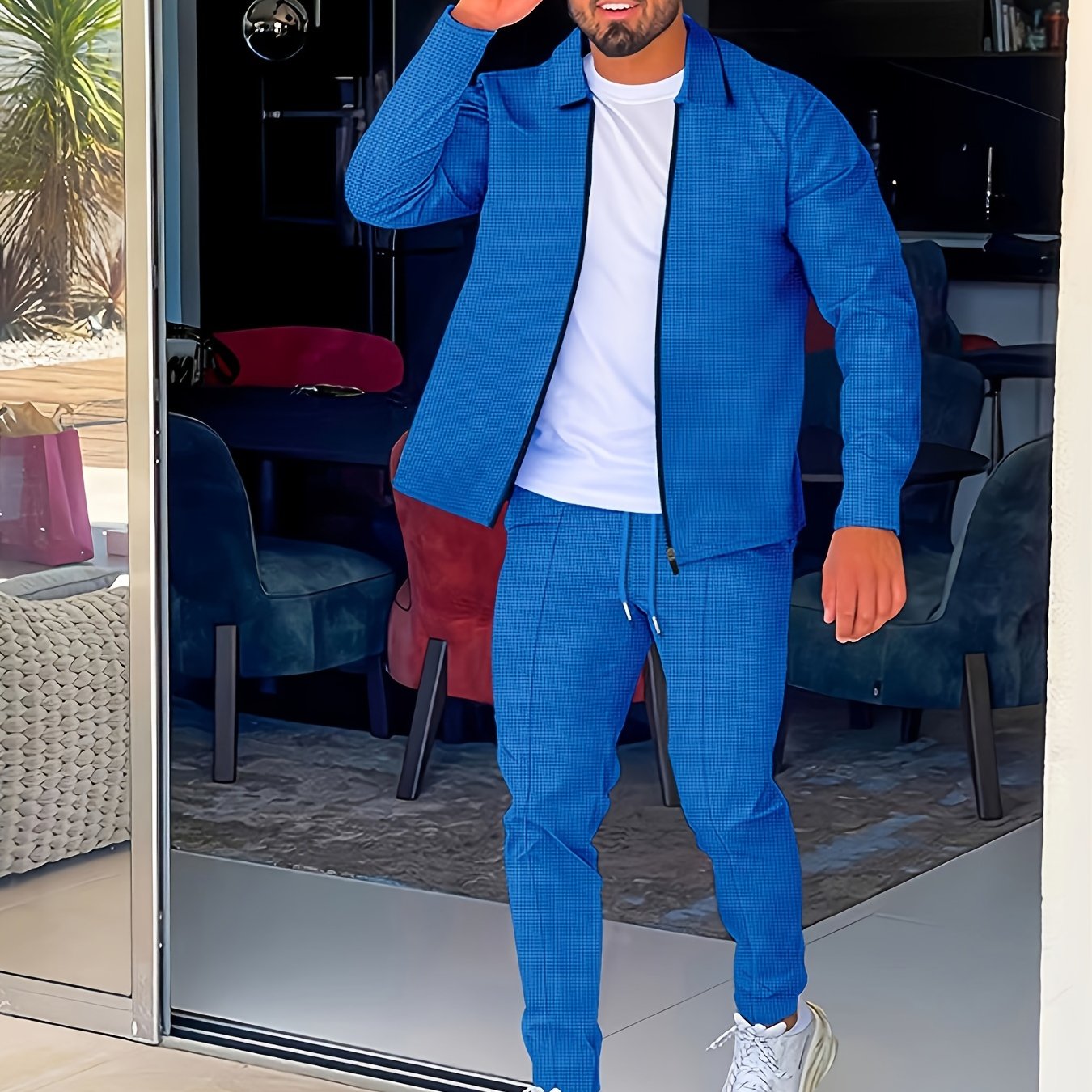 Men's Casual Polyester Sports Jacket with Full Zip and Drawstring Pants