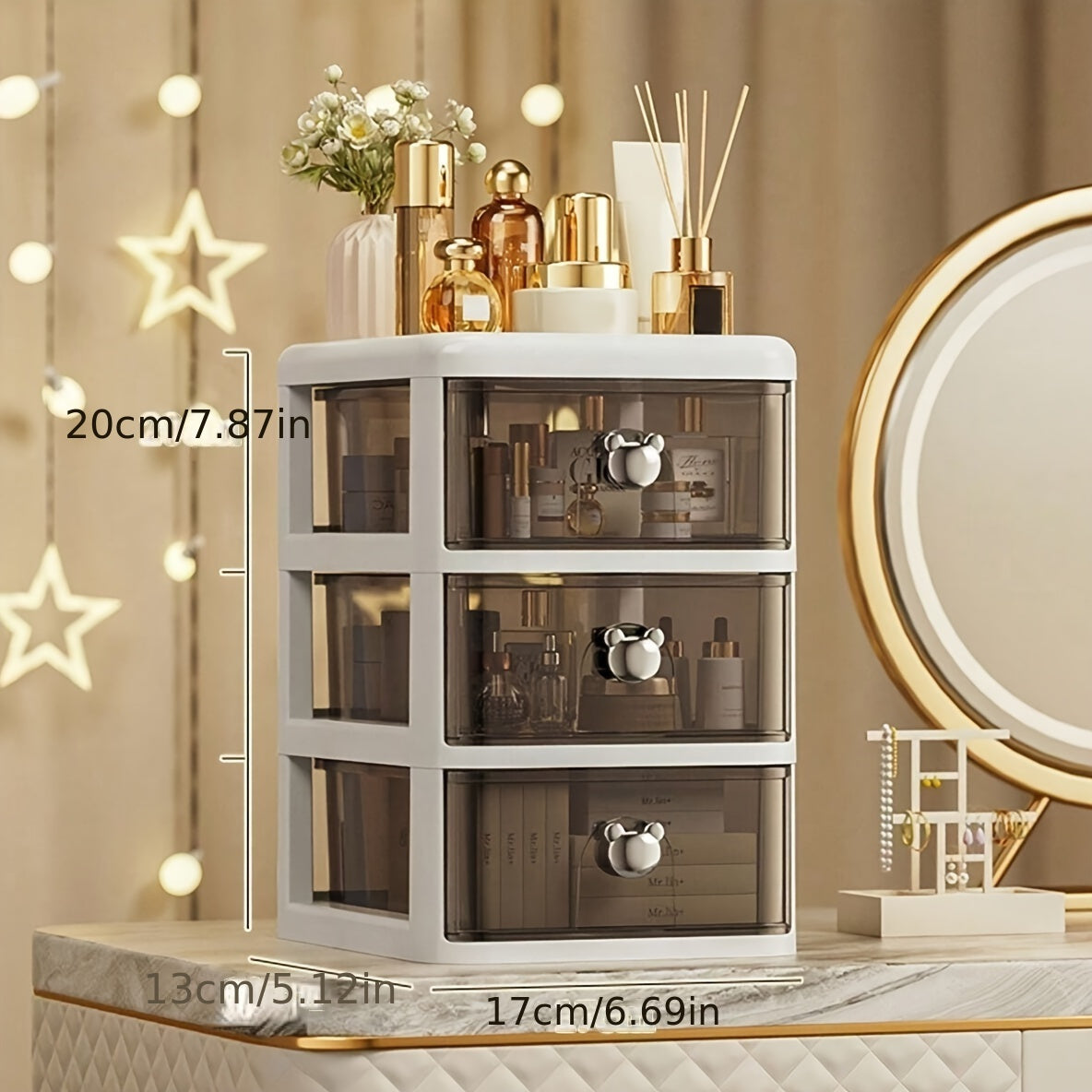 3-Tier Plastic Makeup Organizer with Rolling Feature and Open Dust Cover