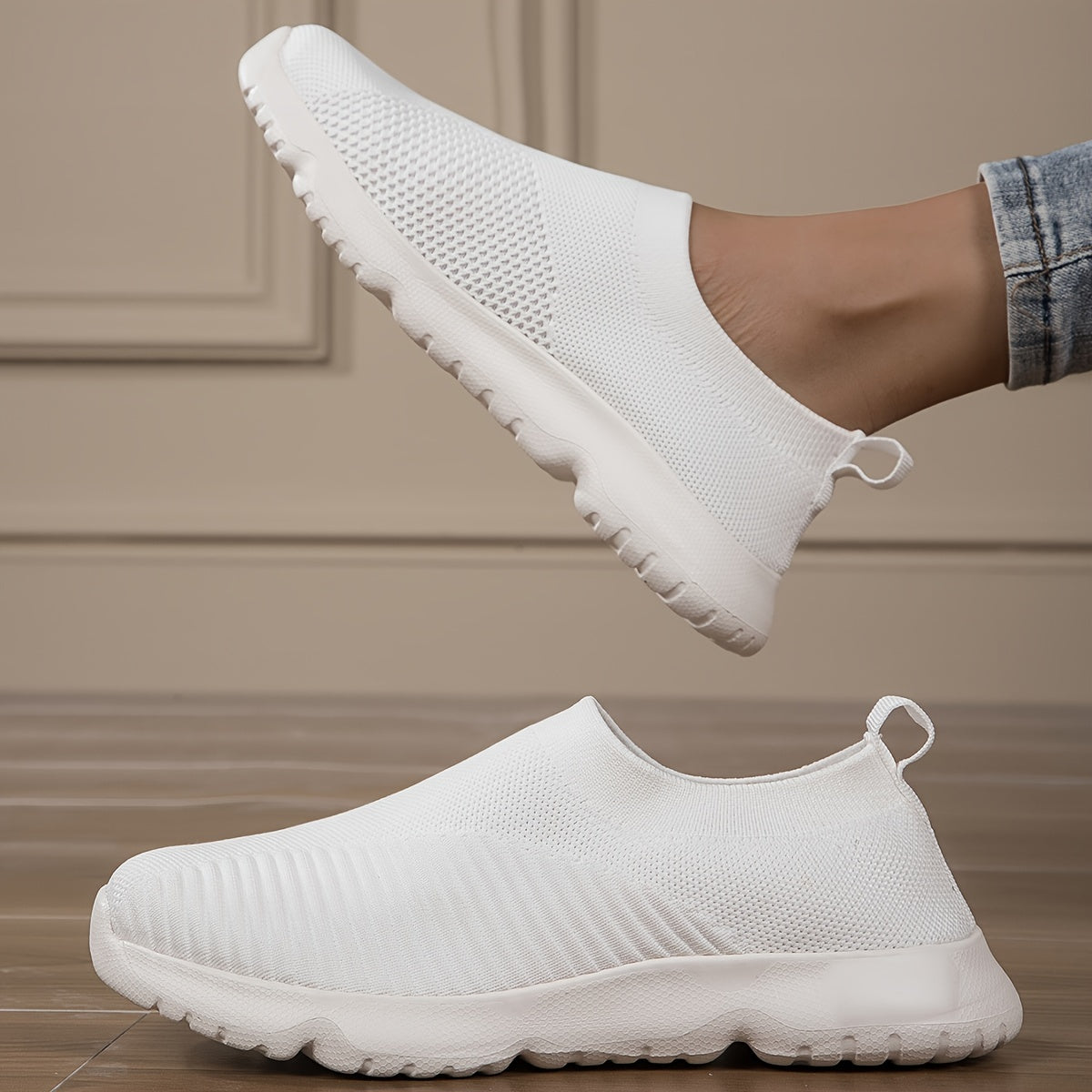 Women's Breathable Knit Slip-On Sneakers, Lightweight Low Top Trainers Plus Size
