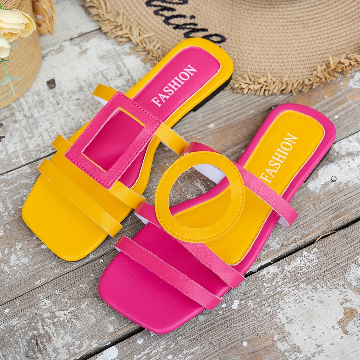 Women Flat Sandals Green Orange Geometric Slip-On Open-Toe Summer Beach