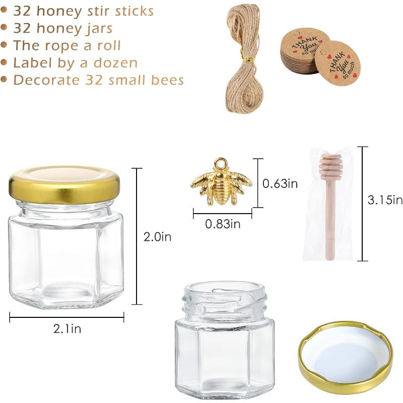 Honey Jar Set with Wooden Dipsticks Hexagonal Glass Containers Gold Lids Bee Accents for Weddings and Party Favors