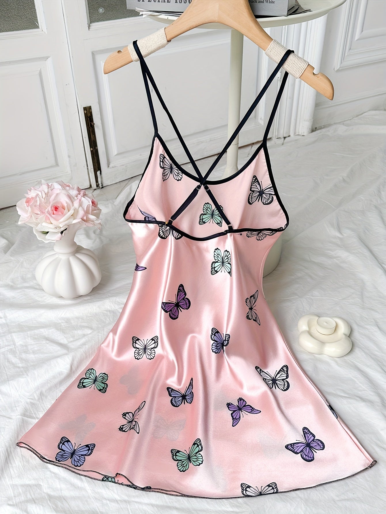 Women's Satin Nightgown with Butterfly Print Adjustable Cross Straps All-Season Sleepwear