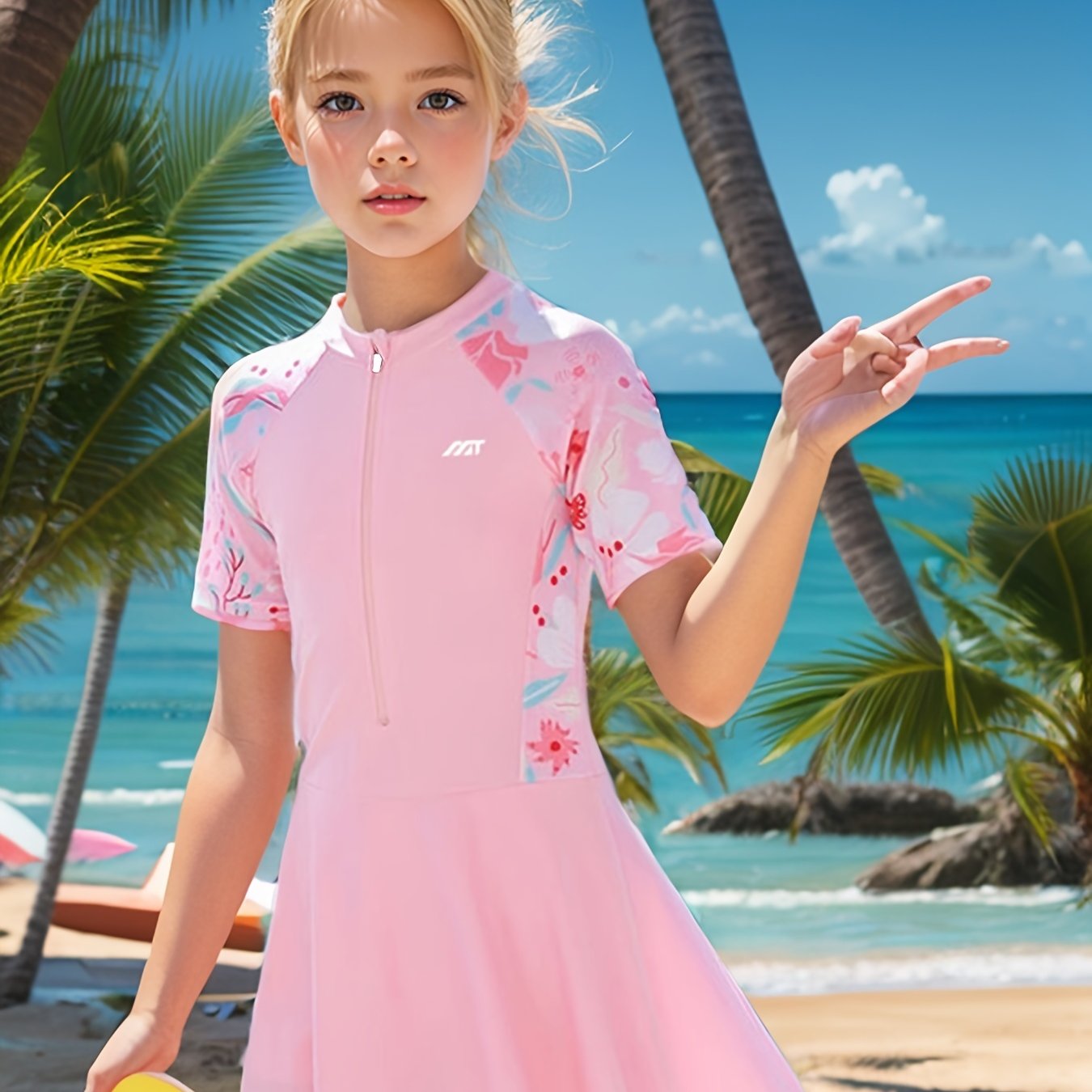 Летний купальник для девочек с коротким рукавом, с цветочным принтом, для возрастов 3-16 лет, с молнией и расклешённым подолом