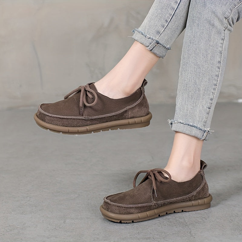 Women's Leather Solid Color Flat Shoes Casual Lace-Up Low-Top Comfort for Outdoor Activities