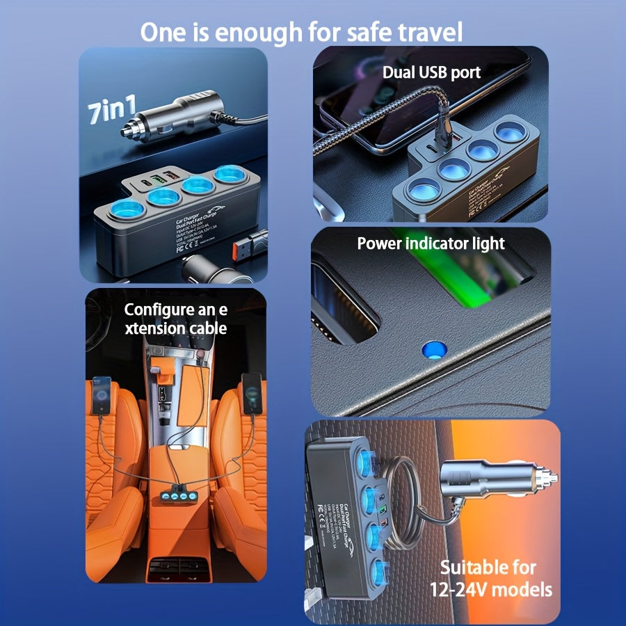Cargador de coche rápido 7 en 1 con 3 puertos USB para 7 dispositivos, múltiples estilos