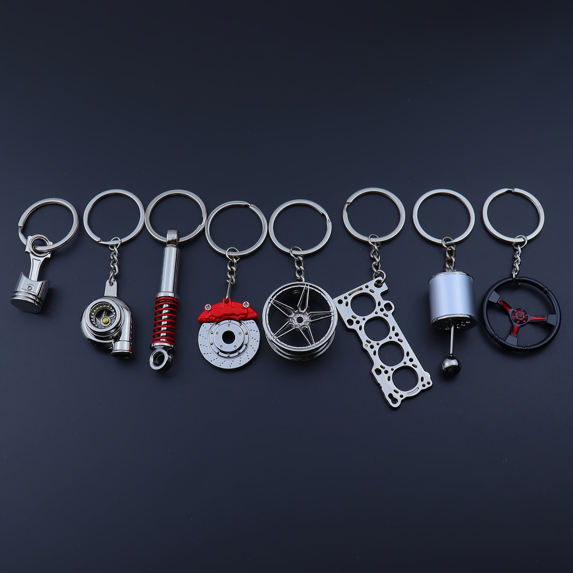 Car Enthusiast Keychain Set - 8 Black Zinc Alloy Engine Component Keychains