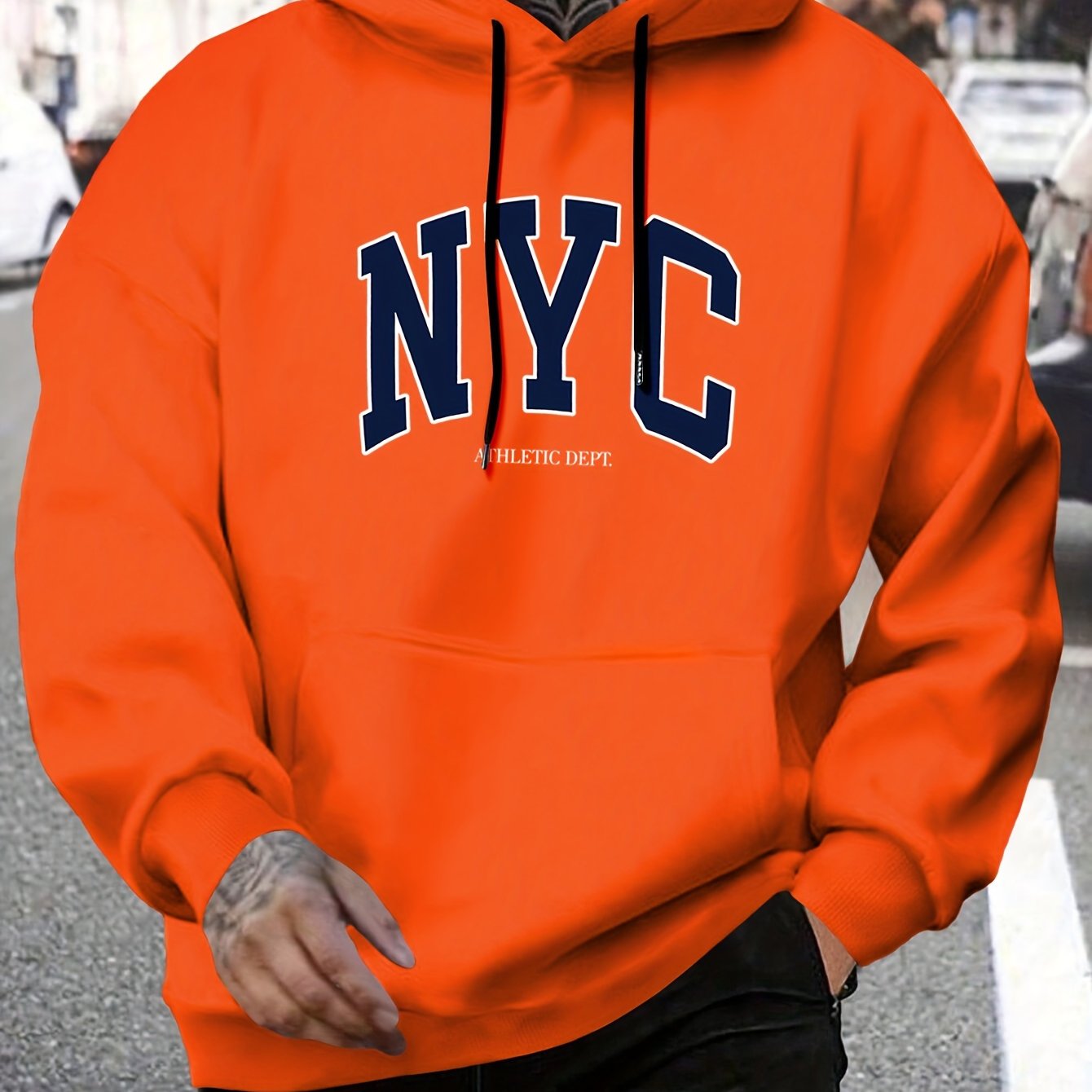 Sudadera con capucha de tamaño grande con estampado de NYC para hombres con bolsillo canguro, casual para otoño e invierno