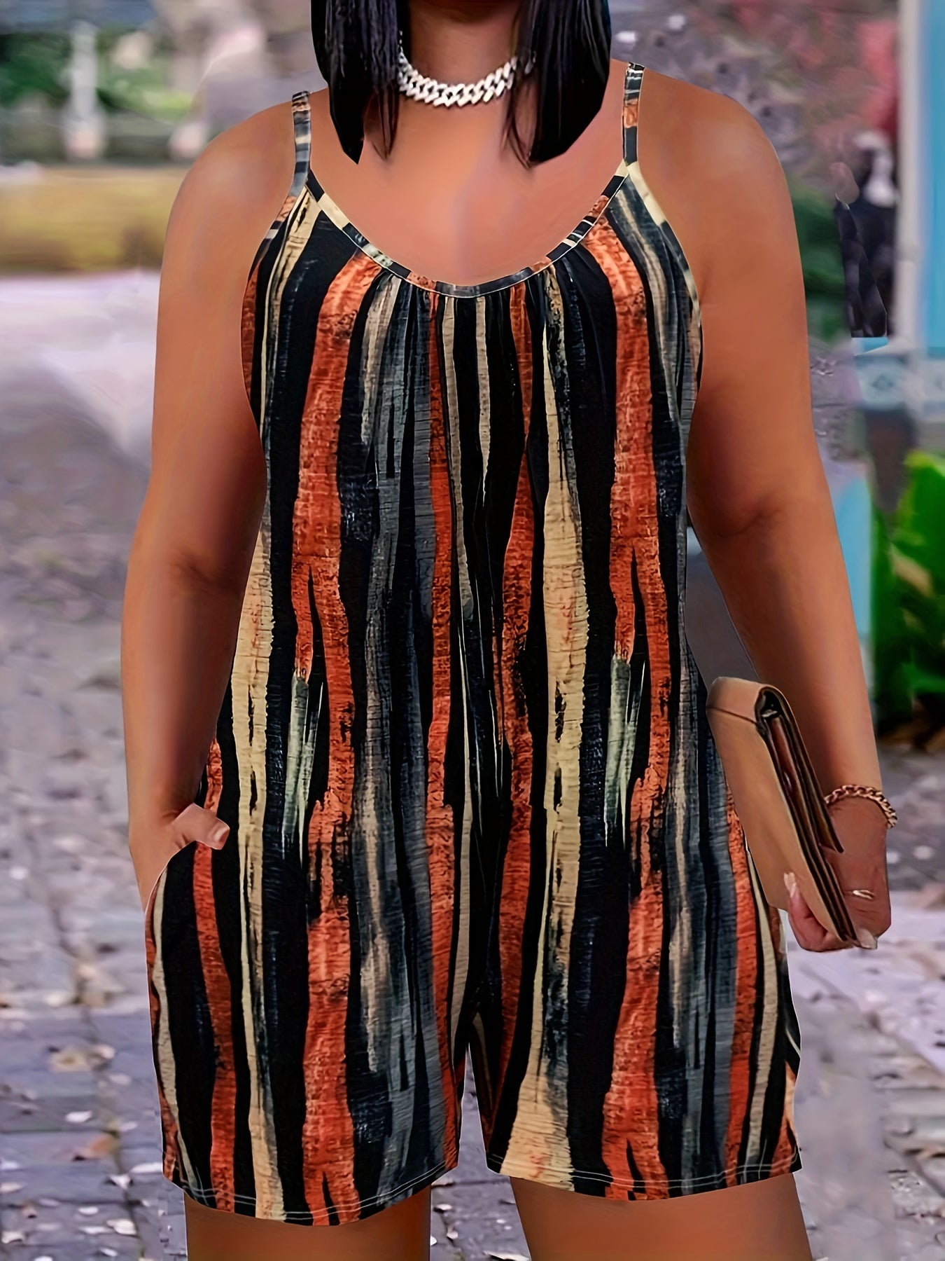 Plus Size Women's Summer Sleeveless Striped Romper with Pockets