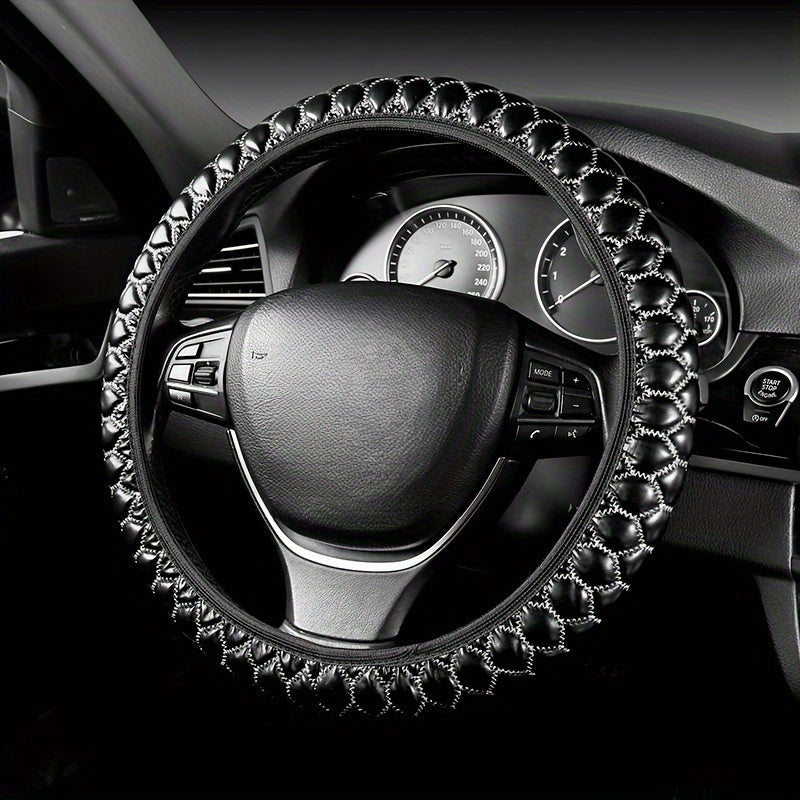 Embroidered Faux Leather Steering Wheel Cover Universal Fit Anti-Slip Durable Car Accessory