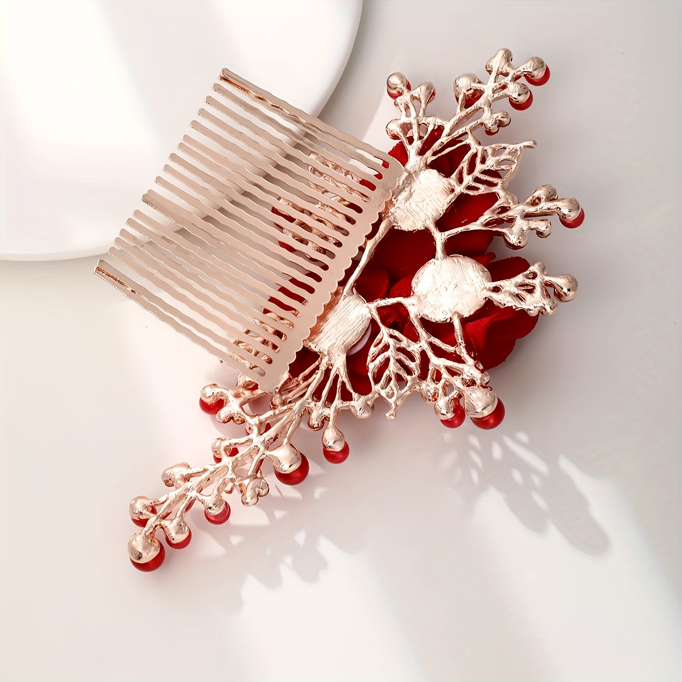 Vintage Qizil Gulbarg'li Soch Taraklari, Rinoystonlar va Marjonlar bilan, To'y uchun, Ayollar va Qizlar uchun