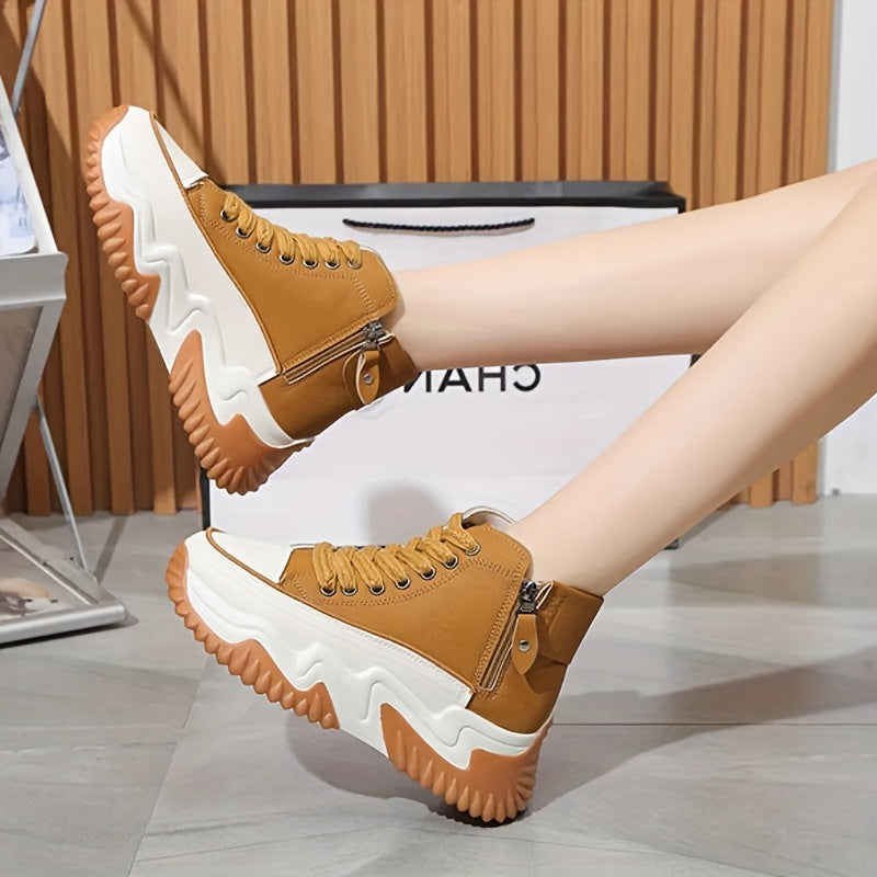 Women's Chunky Platform Dad Sneakers Mid-Top Casual Shoes Breathable PU Rubber Sole
