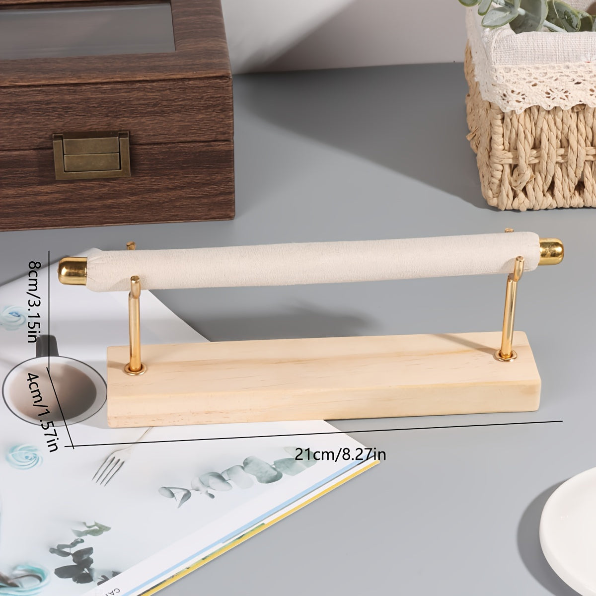 Wooden Jewelry Organizer with Velvet Stripe Ring and Watch Display Stand