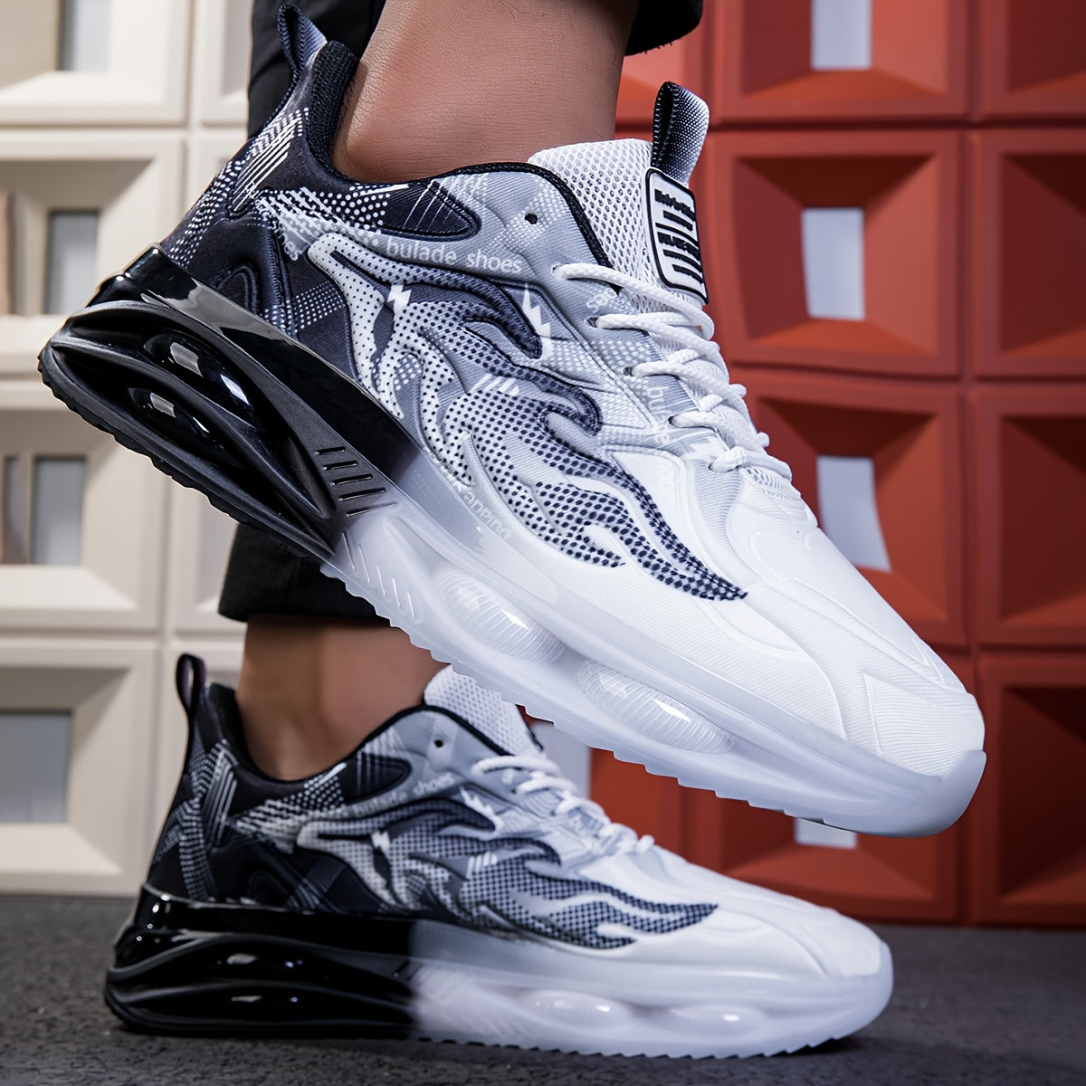 Men's Athletic Sneakers with PVC Sole Breathable Fabric Upper Flame Motif Casual Outdoor