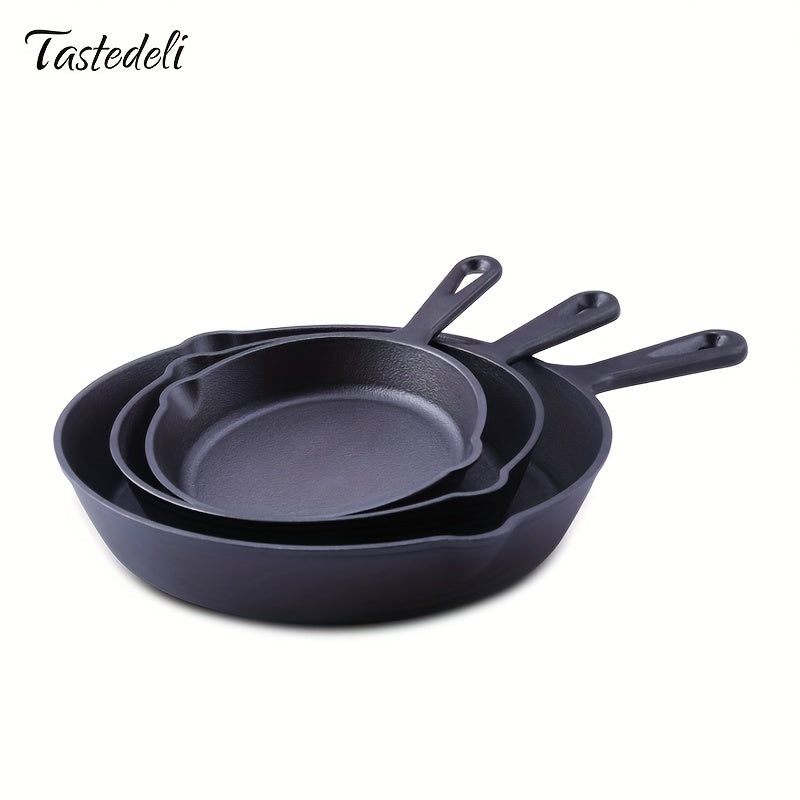 Juego de 3 sartenes de hierro fundido pre-sazonadas, aptas para lavavajillas, para freír y cocinar