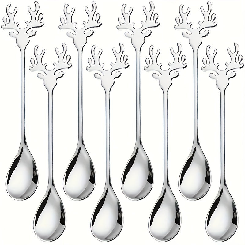 Set of 8 Christmas Deer Head Stainless Steel Coffee Spoons for Tea and Dessert
