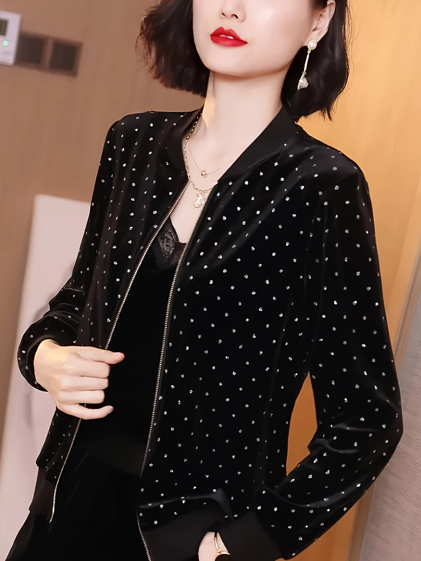 Women's Lightweight Bomber Jacket with Rhinestone Dot Design Sun Protection Spring Fall