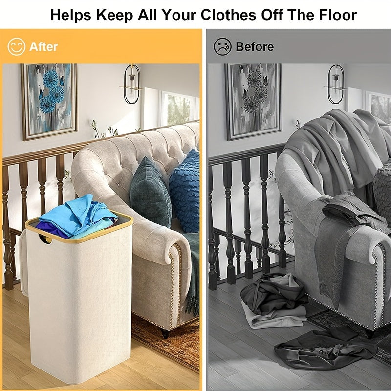 100L Tall Laundry Basket with Lid Bamboo Handles Waterproof Collapsible Storage Bin Cream White