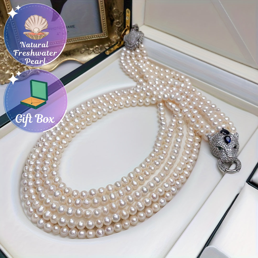 Multi-Layered Freshwater Pearl Necklace with Leopard Head Clasp White Statement Jewelry