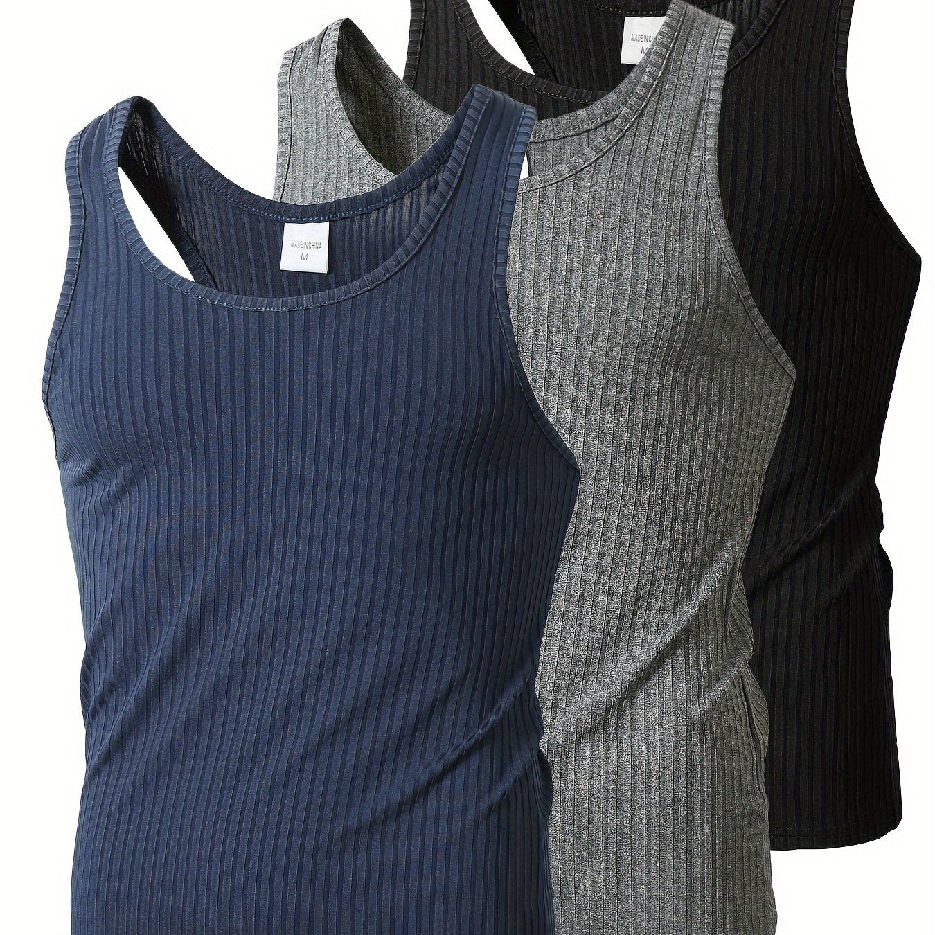Men's Knitted Vertical Stripe Tank Top Set of 3 Polyester Sleeveless Sports Casual
