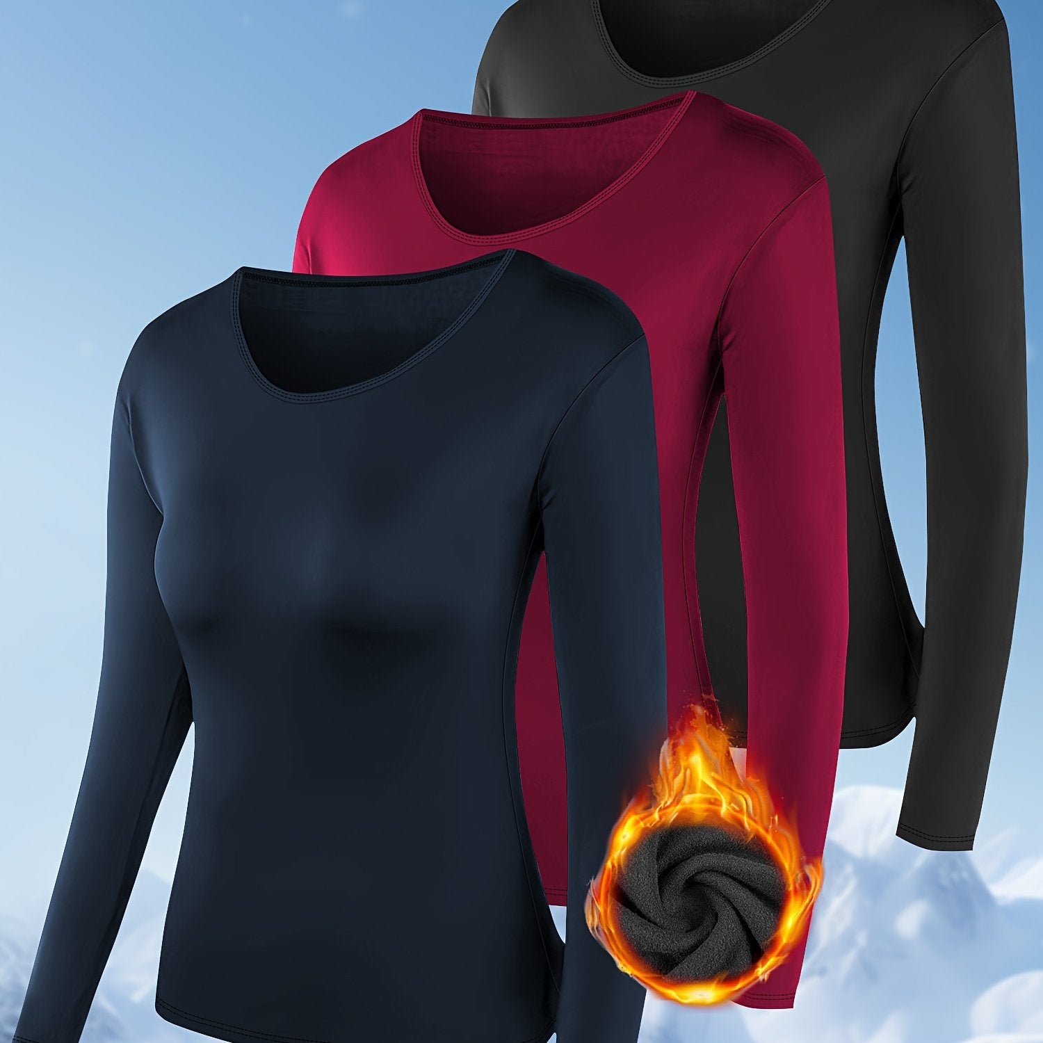 Plus Size Women Fleece Winter Warm Underwear Top Solid Color 3-Pack