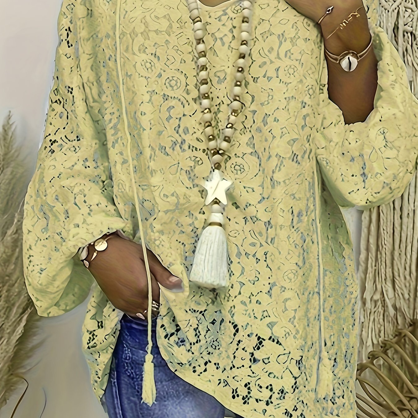 Plus Size Boho Lace Lantern Sleeve Blouse with Tassel Trim