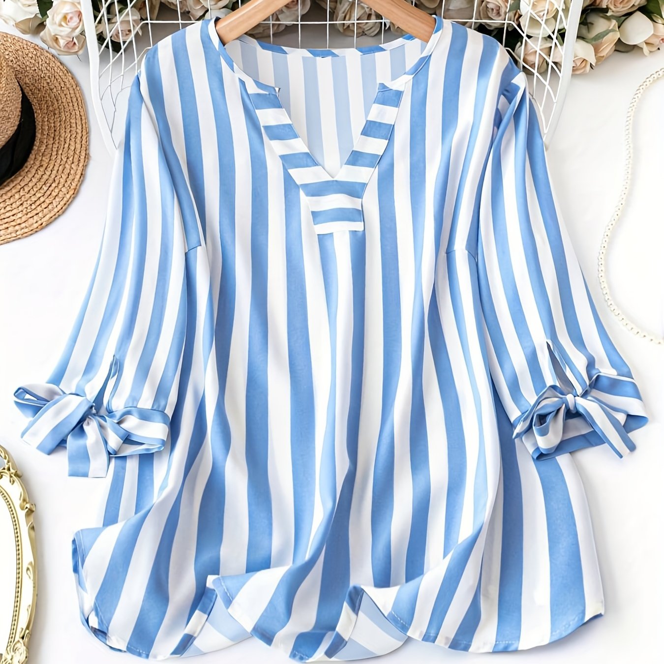 Women's Plus Size V-Neck T-Shirt with Stripes and Ruffled Sleeves