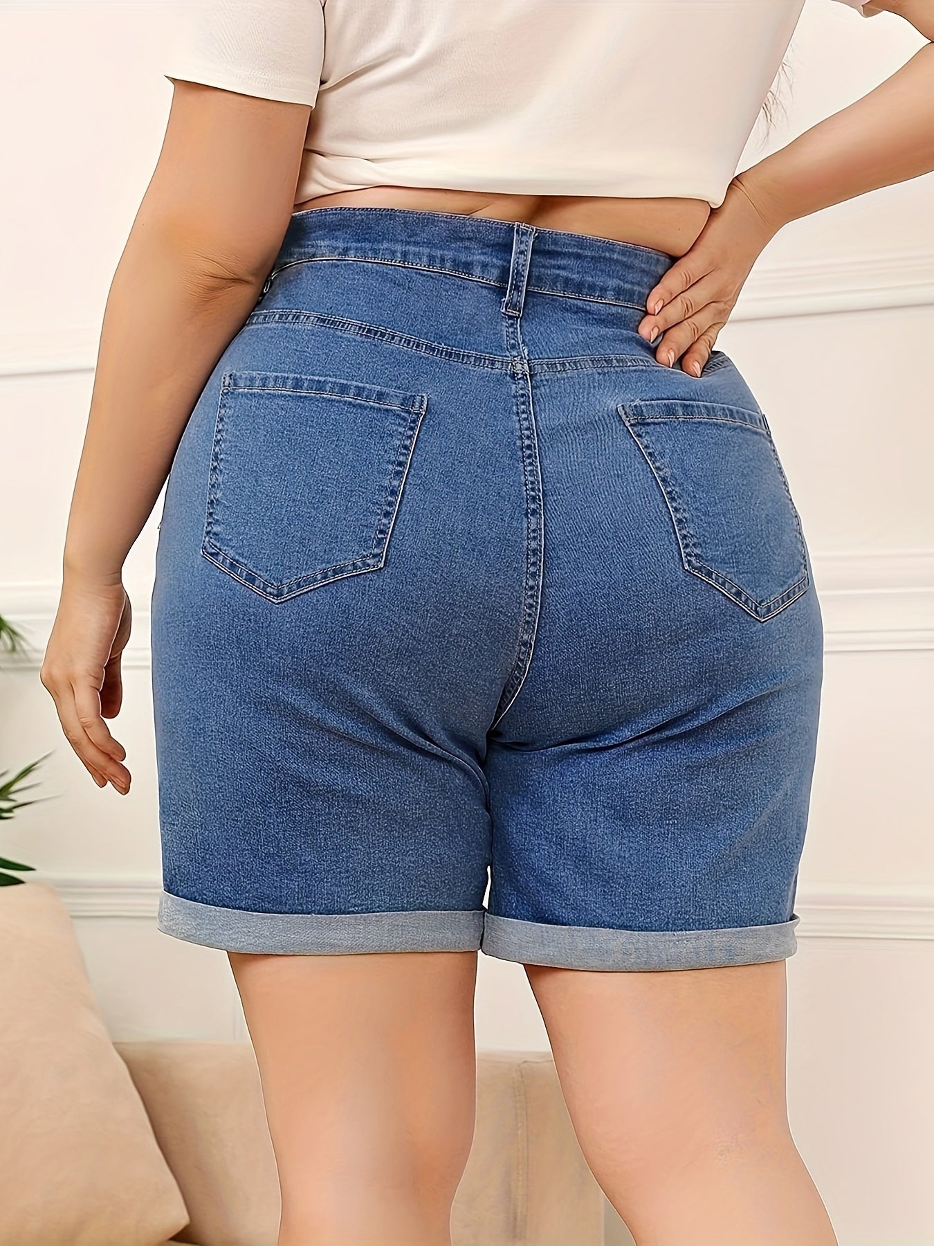 Women's Plus Size Denim Shorts High Waist Stretch Summer Rolled Hem