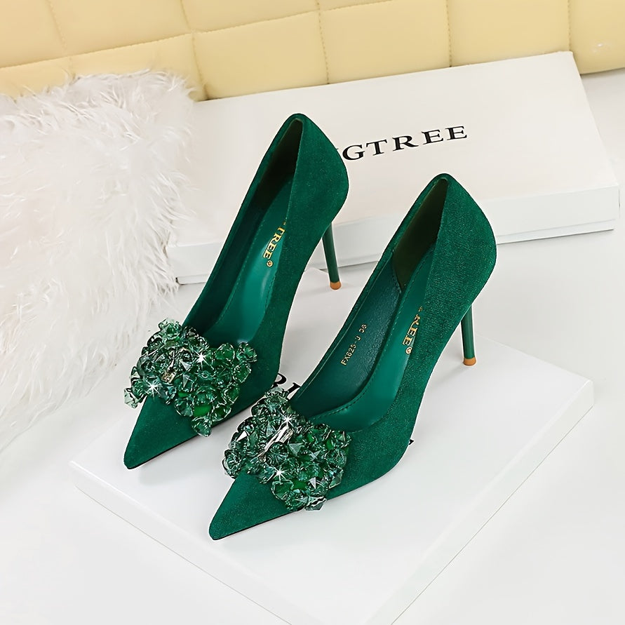 Women's Rhinestone Decor Stiletto Heels Point Toe Dress Pumps