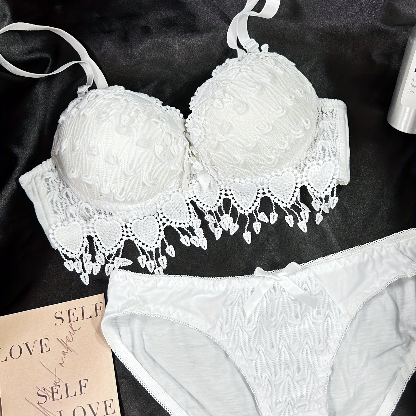 Women Red Heart Embroidery Lingerie Set with Push-Up Bra and Removable Pads