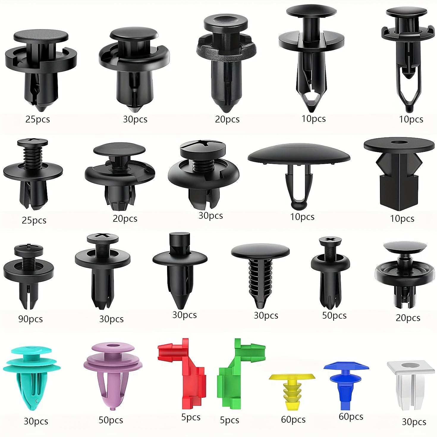 Avtomobil qisqichlari to'plami, nylonga yopishtiriladigan bumpers, rivetlar, loyqa qoplamalar, kabellarni bog'lash uchun