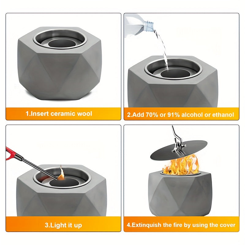Portativ Mini Spirtli Yoqilg'i Yoqish Teshigi, Tutun chiqarmaydigan Beton Stol Ustiga, O't o'chiruvchi bilan birga - Ichki va Tashqi Bezash uchun Ideal, Qish uchun Ventilyatsiyalangan Metall Kamina