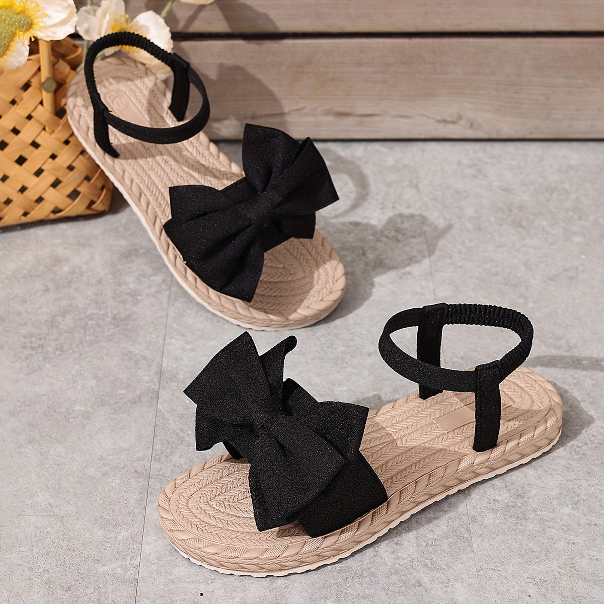 Women's Flat Sandals Open-Toe Strappy Shoes with Bow Lightweight EVA