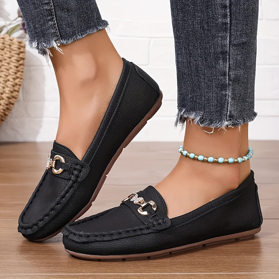 Women's Slip-On Loafers Casual Shoes with Metallic Decor, Black and Beige