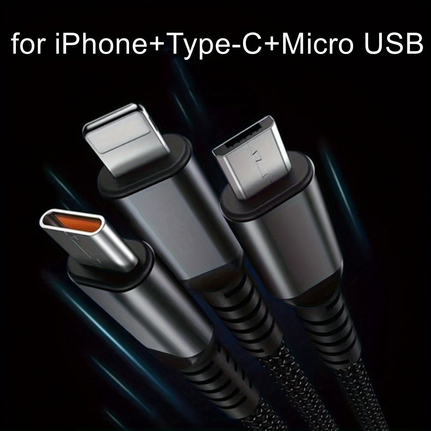 High-Speed 100W 3-in-1 Nylon Fast Charging Cable for iPhone Samsung Xiaomi USB-C Micro USB Lightning