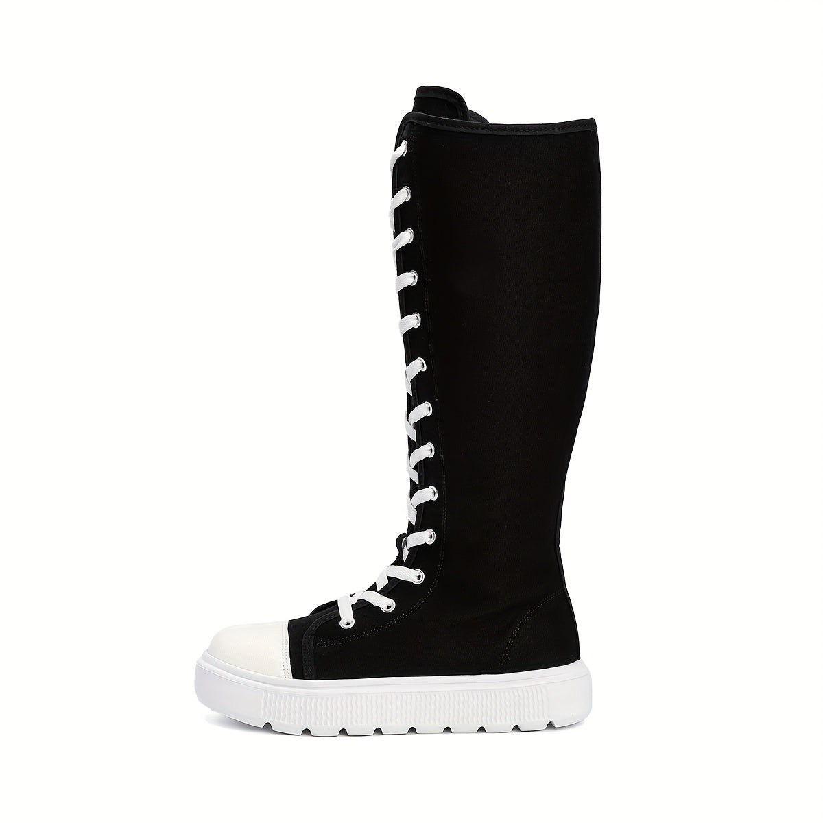 Women's Black Knee-High Lace-Up Leather Boots with Zippers