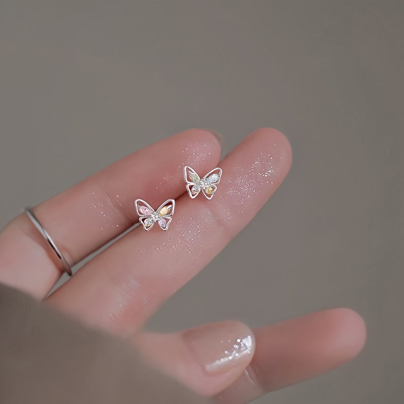 Women Butterfly Stud Earrings Sterling Silver Rhinestone Alloy Jewelry