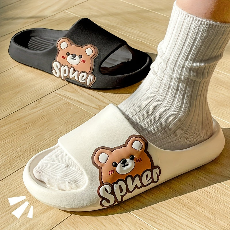 Women's Cartoon Bear Print Slides Casual Soft Sole Pillow Shoes