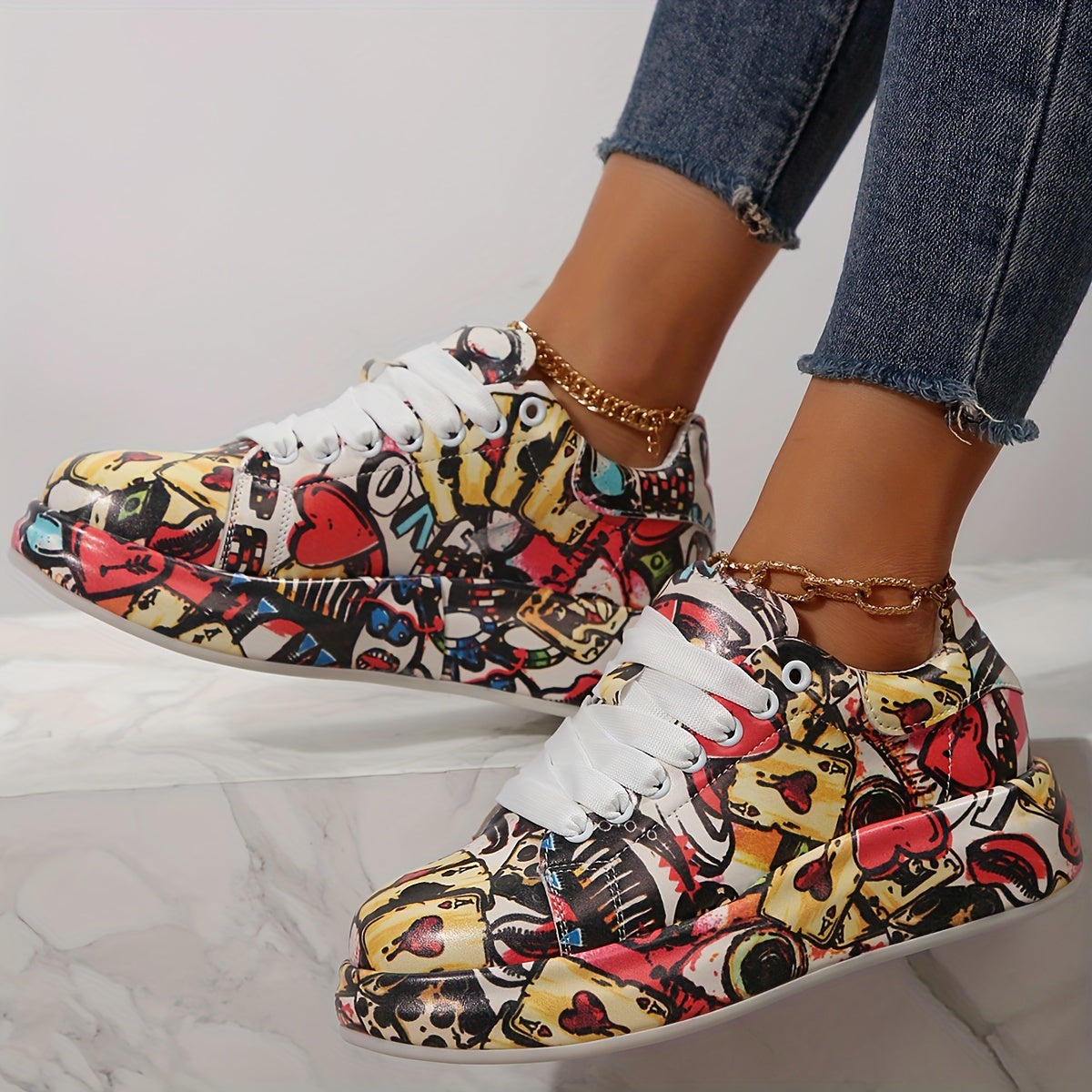 Women's Graffiti Print Skate Shoes, Lace Up Platform Sneakers