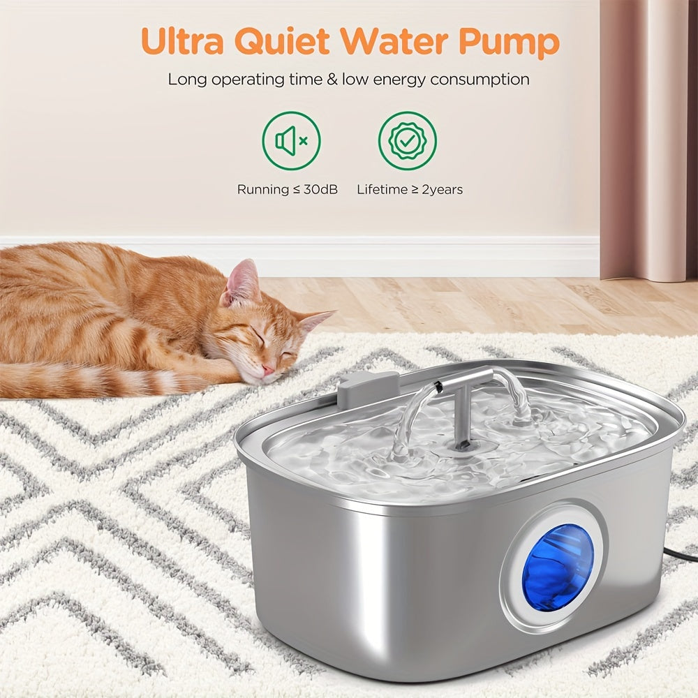 3.2L Stainless Steel Cat Water Fountain with Water Level Window and Quiet Pump