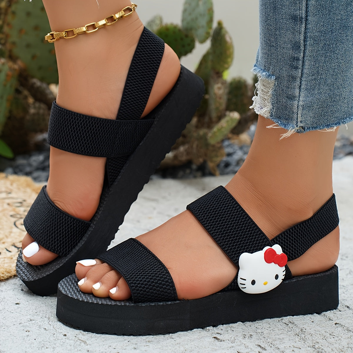 Women Summer Flat Sandals Thick Sole Cartoon Style Comfortable Lightweight