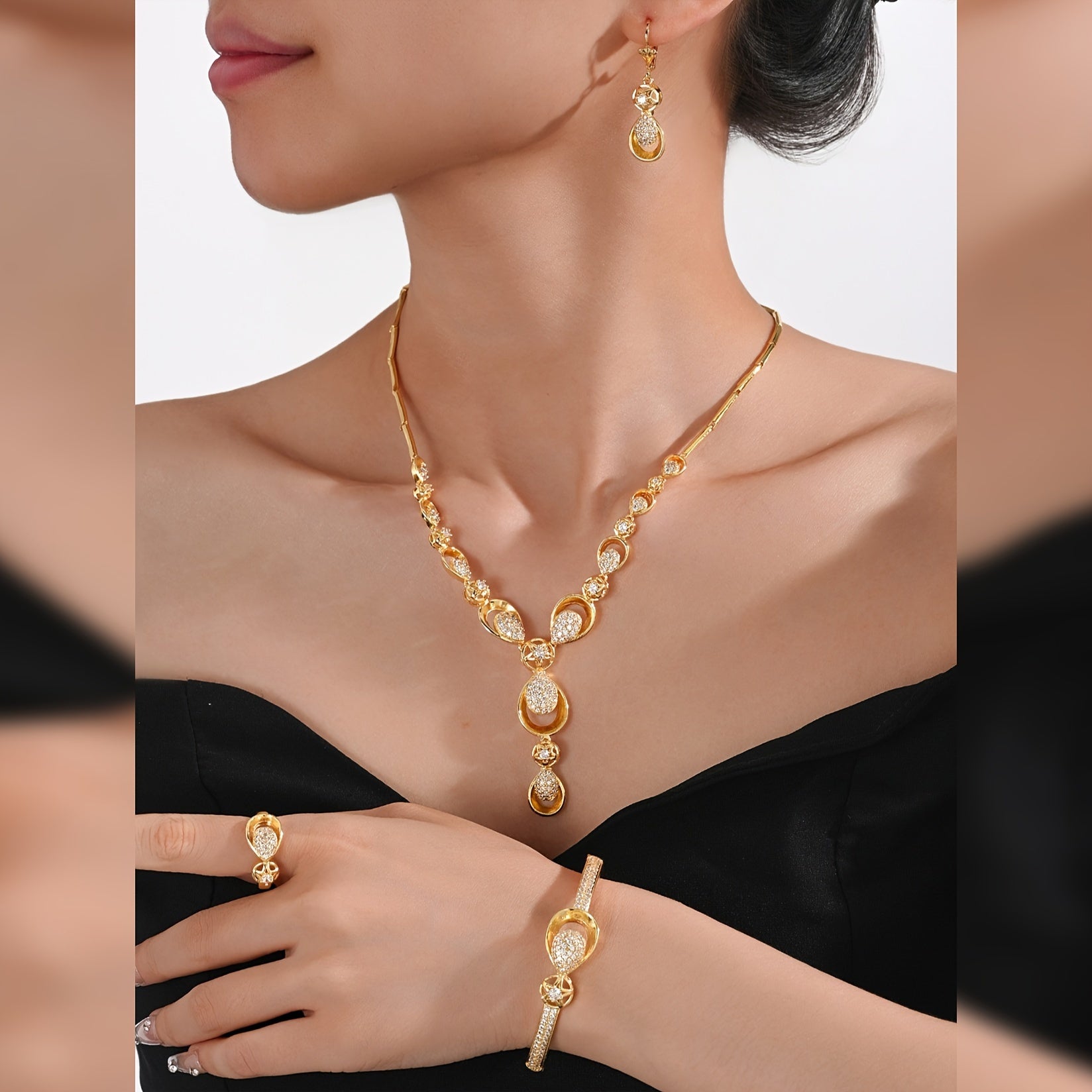 Juego de joyería de 5 piezas con baño de oro de 18K, piedras de zirconia, collar, pendientes, pulsera y anillo para mujer