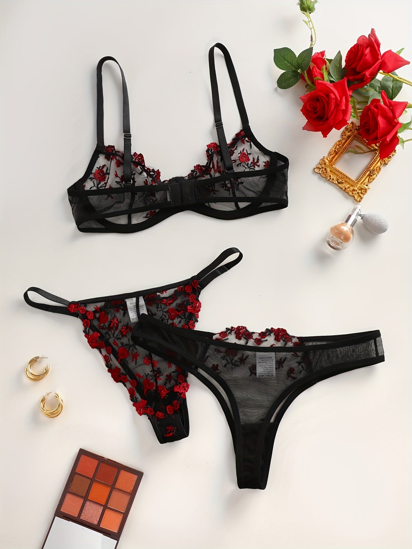 Women's Embroidered Lingerie Set Bra and Two Panties Floral Design Sexy Comfortable
