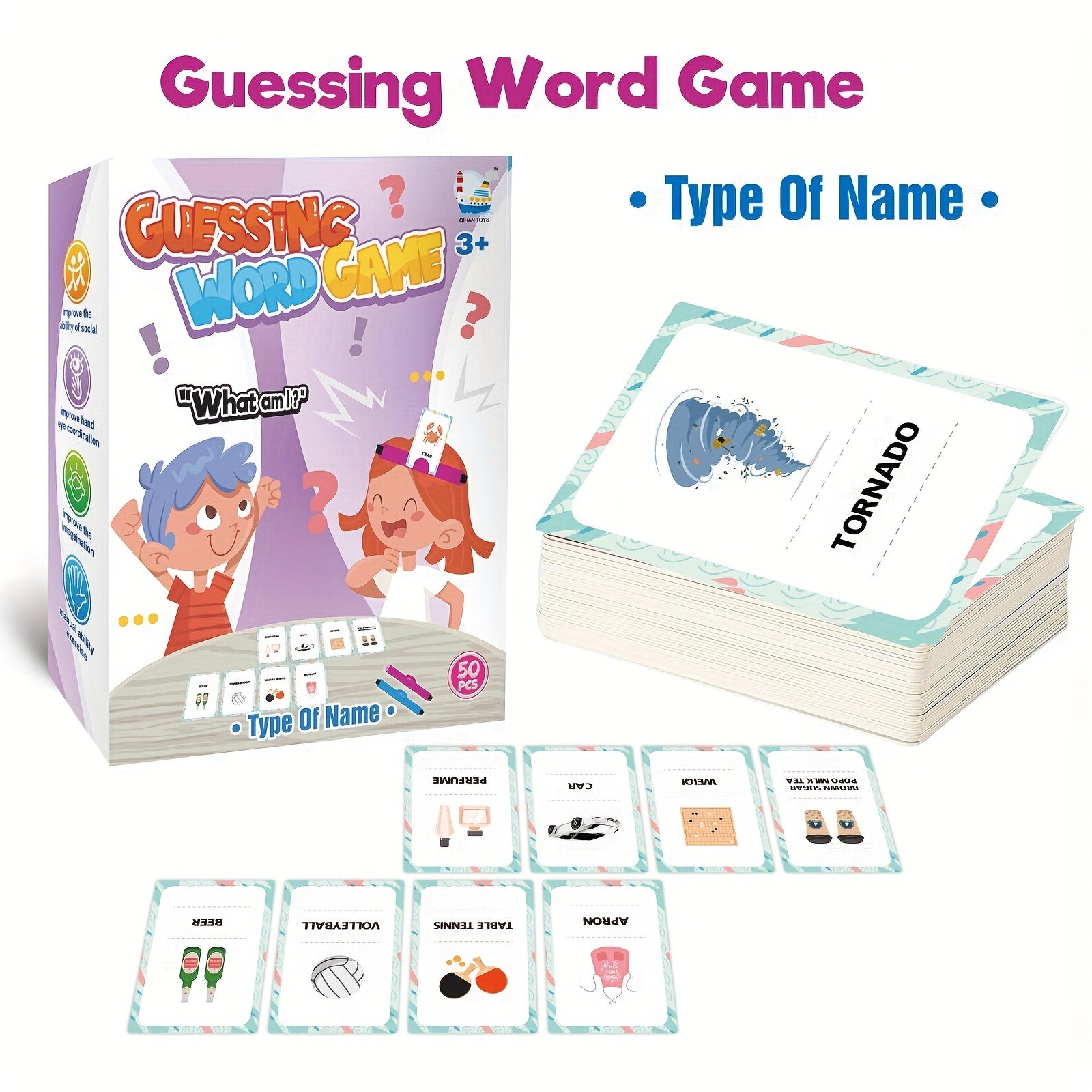 Family Guessing Card Game for Families Includes Headbands and 50 Durable Cards