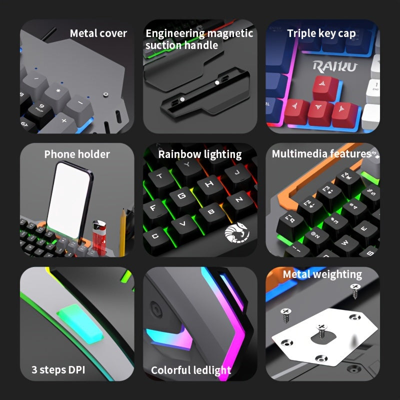 Uch rangli blokli simli o'yin klaviaturasi va sichqoncha to'plami, o'yin, ofis va noutbukda foydalanish uchun optik yoritilgan klaviatura bilan.