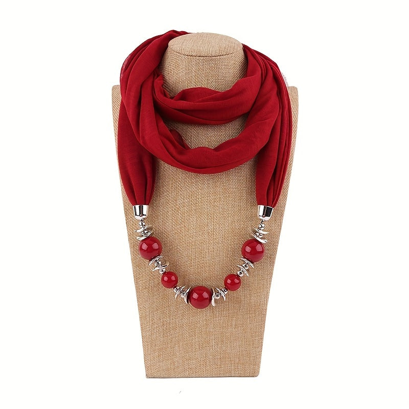 Women's Solid Color Infinity Scarf with Beaded Jewelry Necklace and Head Wrap