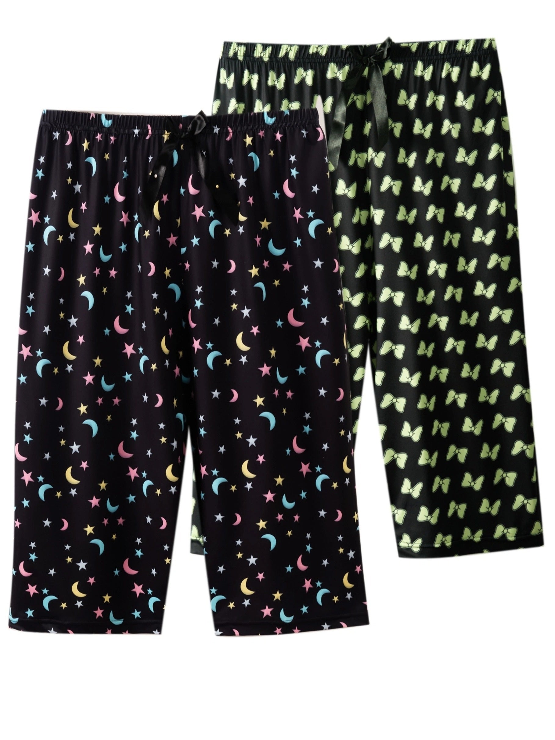 Women's Plus Size Boho Sleep Pants with Bow Moon and Star Print Set
