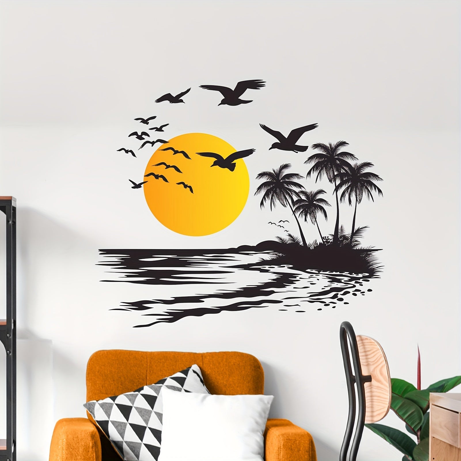 Removable Vinyl Wall Decal Tropical Sunset Scene with Palm Trees and Birds for Living Room Bedroom