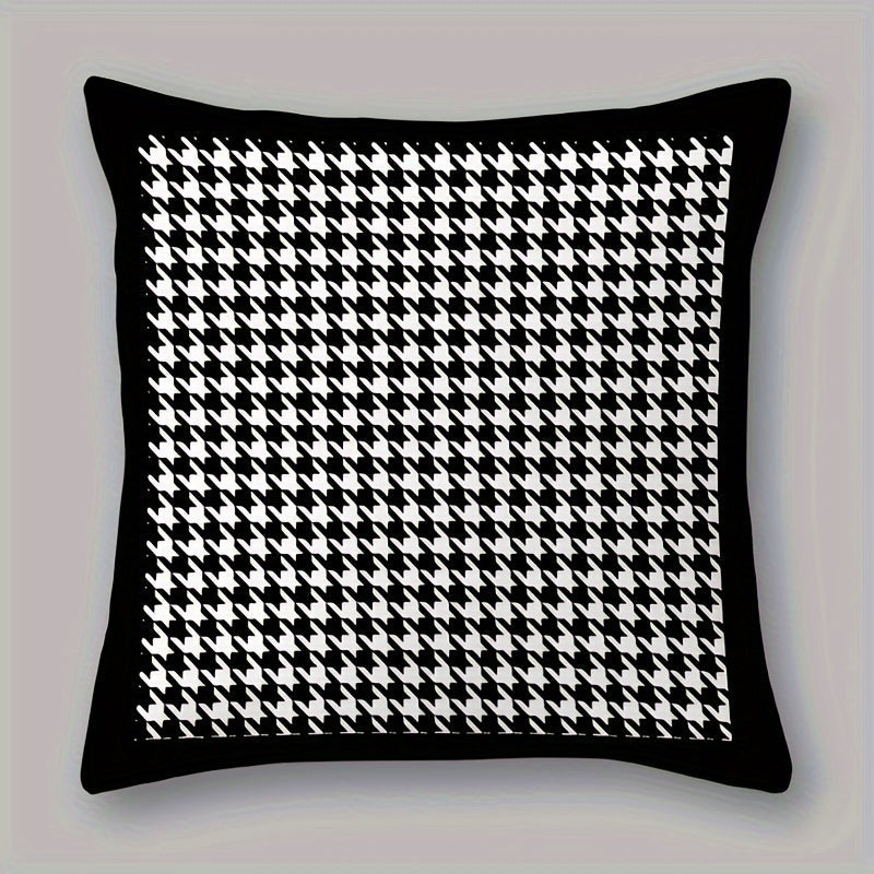 Reversible Contemporary Houndstooth Throw Pillow Cover 45cm Black and White Woven Polyester